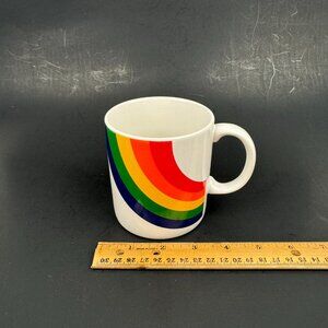 Vtg Ceramic‎ Rainbow Mug Coffee Tea FTDA White Cream w Handle LGBTQ Gay Pride